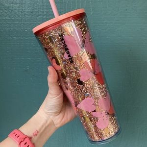 Retired Starbucks Valentine’s double walled cold tumbler in gold & pink glitter